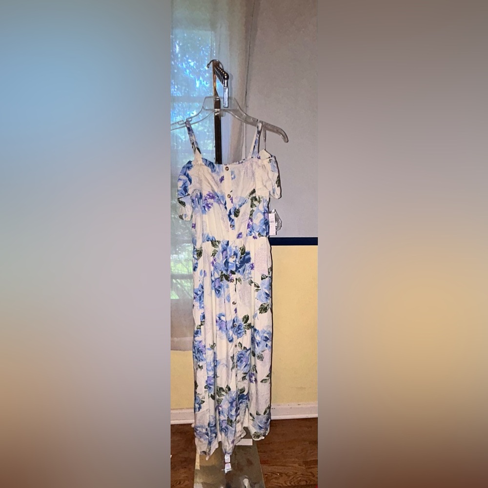 NWT Justice Size 14 White Blue Floral Cold Shoulder Long Maxi Summer Dress